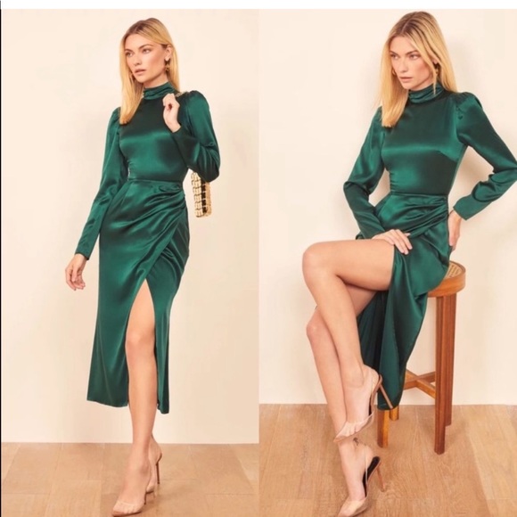 Reformation Dresses & Skirts - NEW • Reformation • Carmelina Silk Midi Dress Emerald Green Size 6 Mock Neck